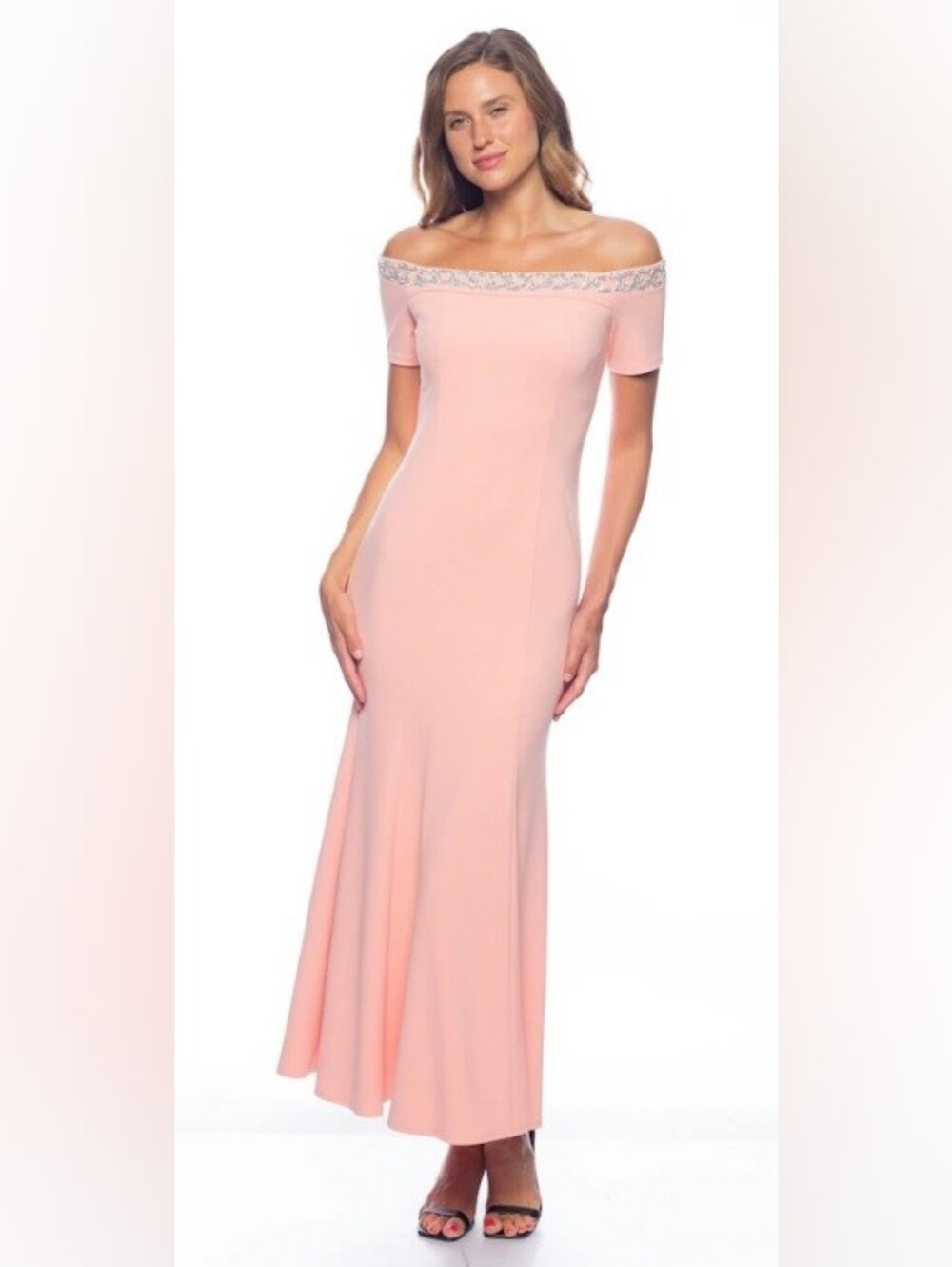Size XL - MARINA Beaded Off-the-shoulder Short Sleeve Trmpet Gown In Coral